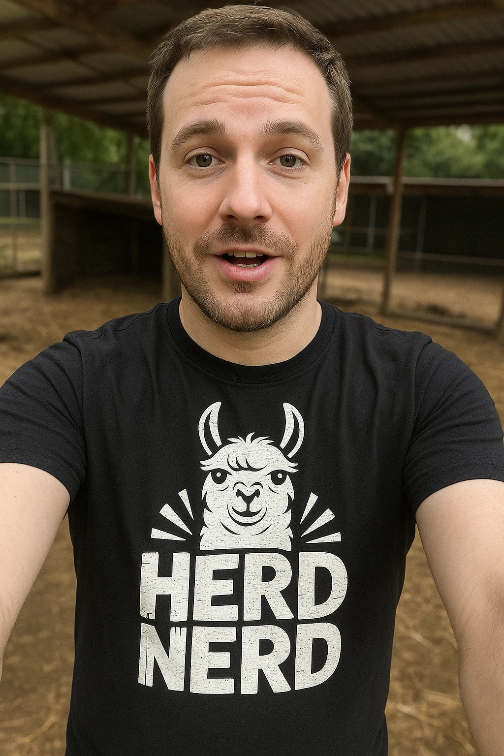 "Herd Nerd" black llama t shirt, photographed as llama lover gift