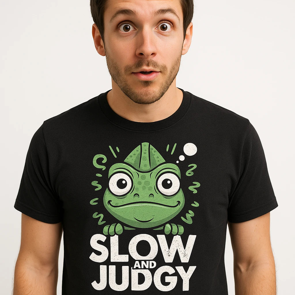 Close-up of the "Slow and Judgy" gray print on a premium Bella+Canvas black chameleon t shirt