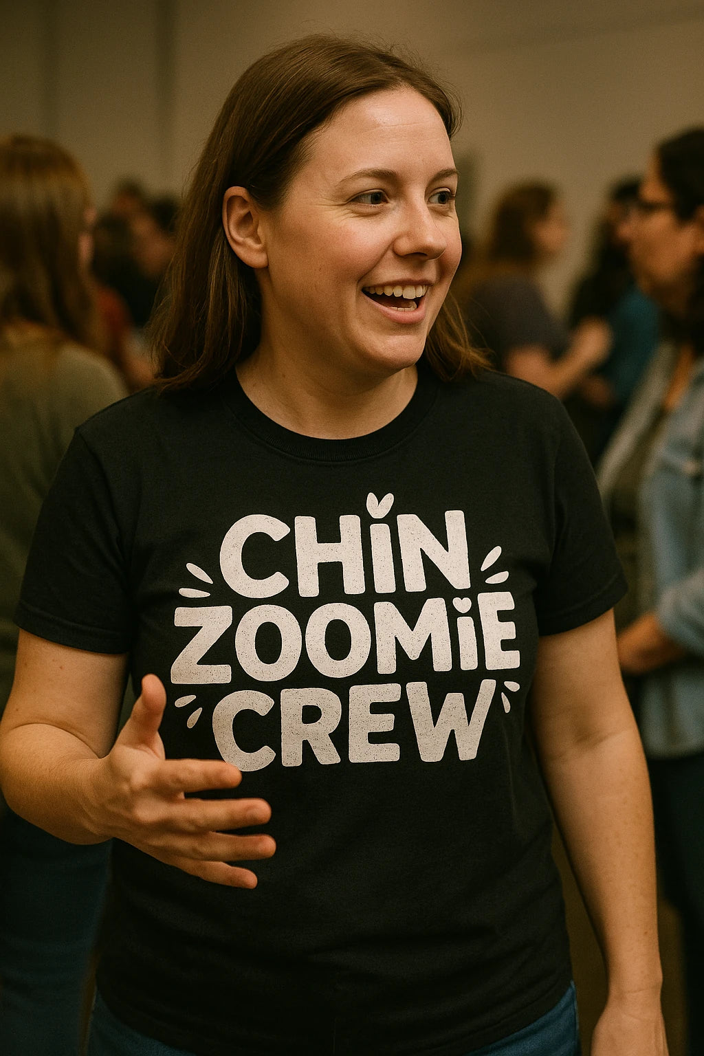 "Chin Zoomie Crew" black t shirt chinchilla, photographed as gifts for chinchilla lovers