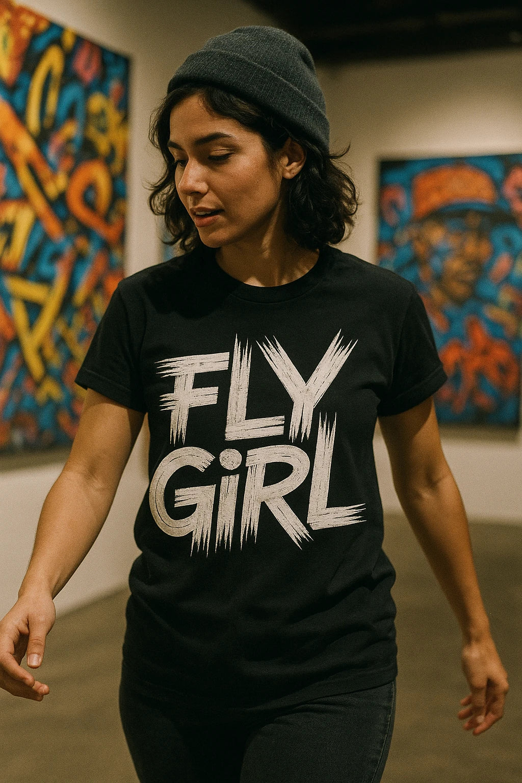 "Fly Girl" black hip hop t shirt, photographed as gift for hip hop lover