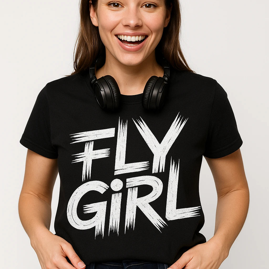 Close-up of the "Fly Girl" white print on a premium Bella+Canvas black hip hop t shirt