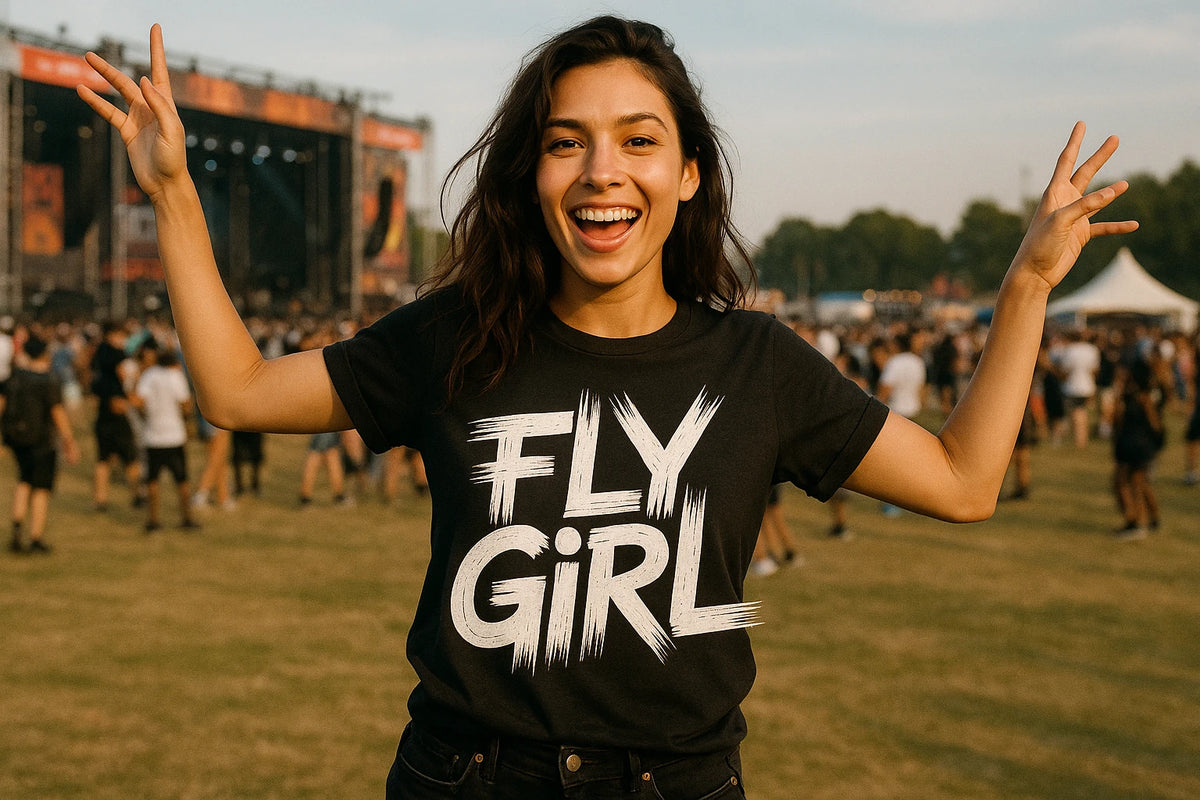 Lifestyle shot of the "Fly Girl" black hip hop t shirt in a real-world setting