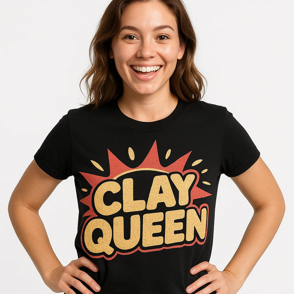 Close-up of the "Clay Queen" tan print on a premium Bella+Canvas black sculpting shirts