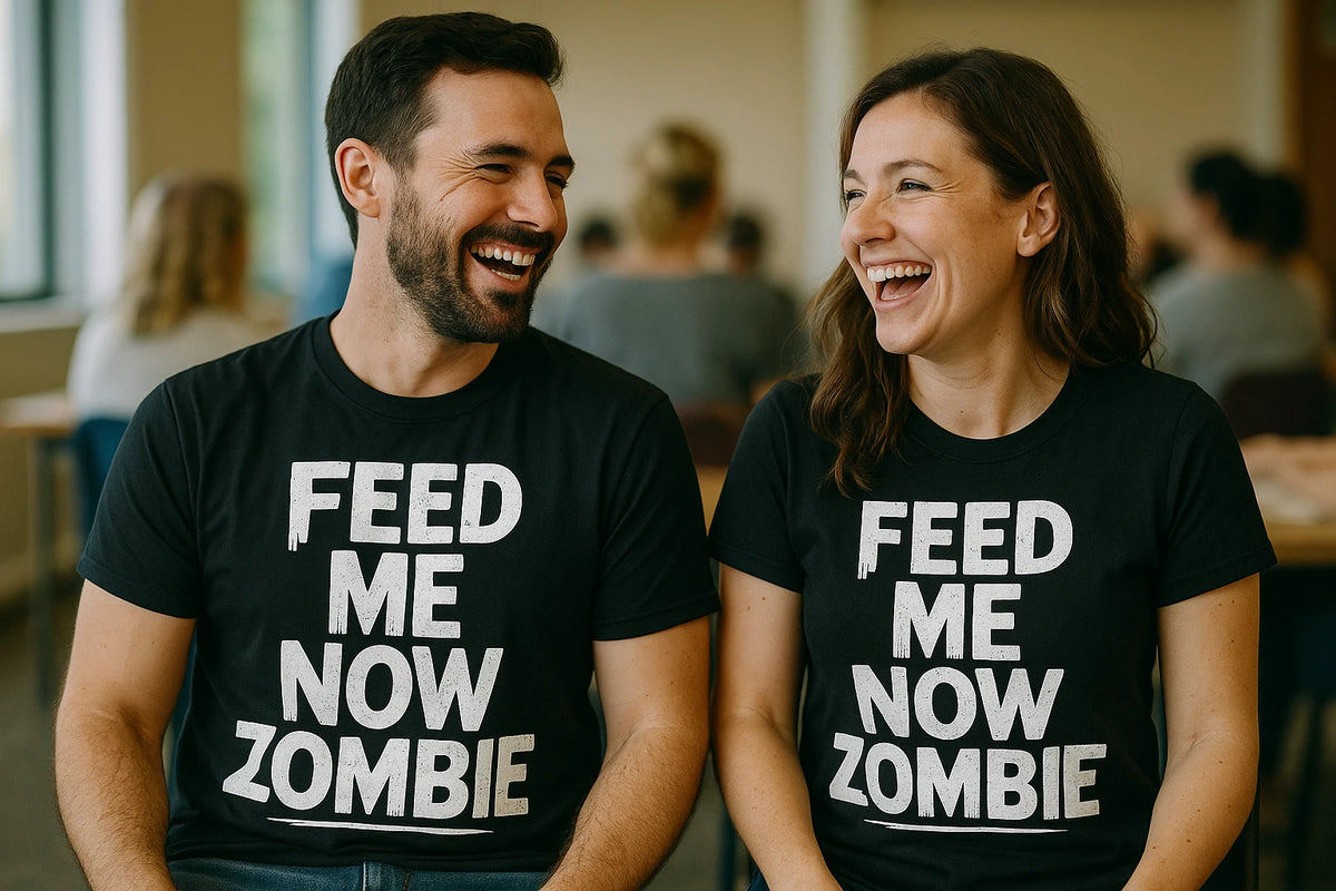 Person wearing the black new parents shirts graphic tee - "Feed Me Now Zombie" design