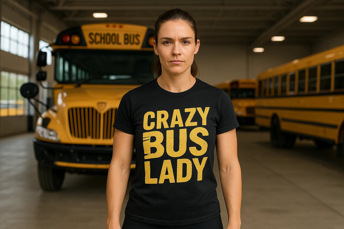 Lifestyle shot of the "Crazy Bus Lady" black truck driver t shirts in a real-world setting