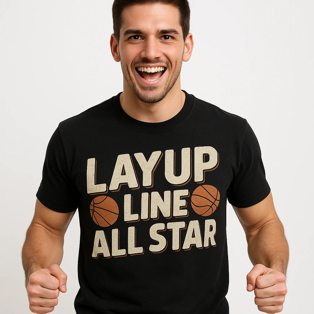 Close-up of the "Layup Line All Star" beige print on a premium Bella+Canvas black basketball graphic tees