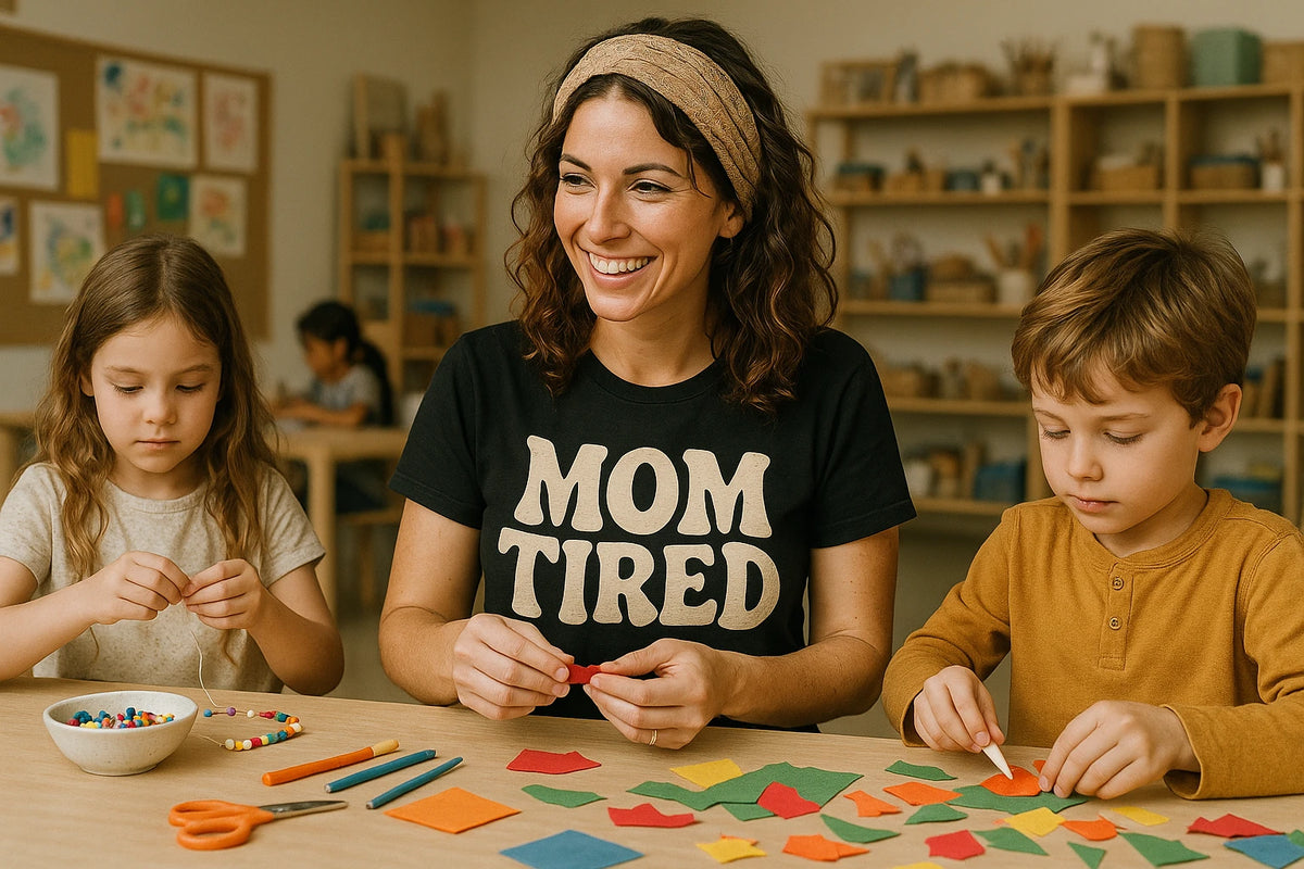 Lifestyle shot of the "Mom Tired" black cute mom life shirts in a real-world setting