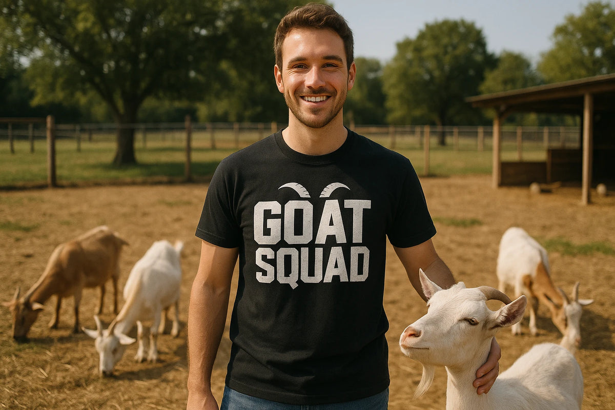 Lifestyle shot of the "Goat Squad" black goats t shirt in a real-world setting