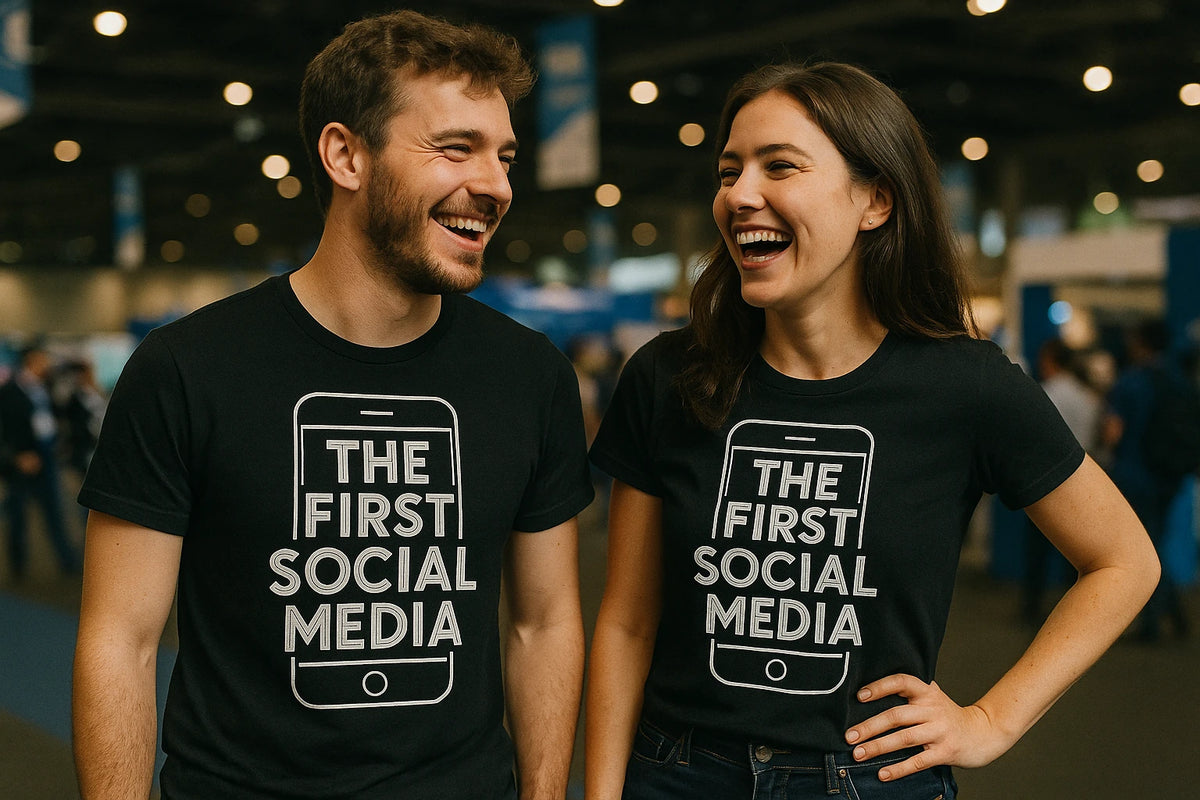 Person wearing the black smartphone t shirt graphic tee - "The First Social Media" design