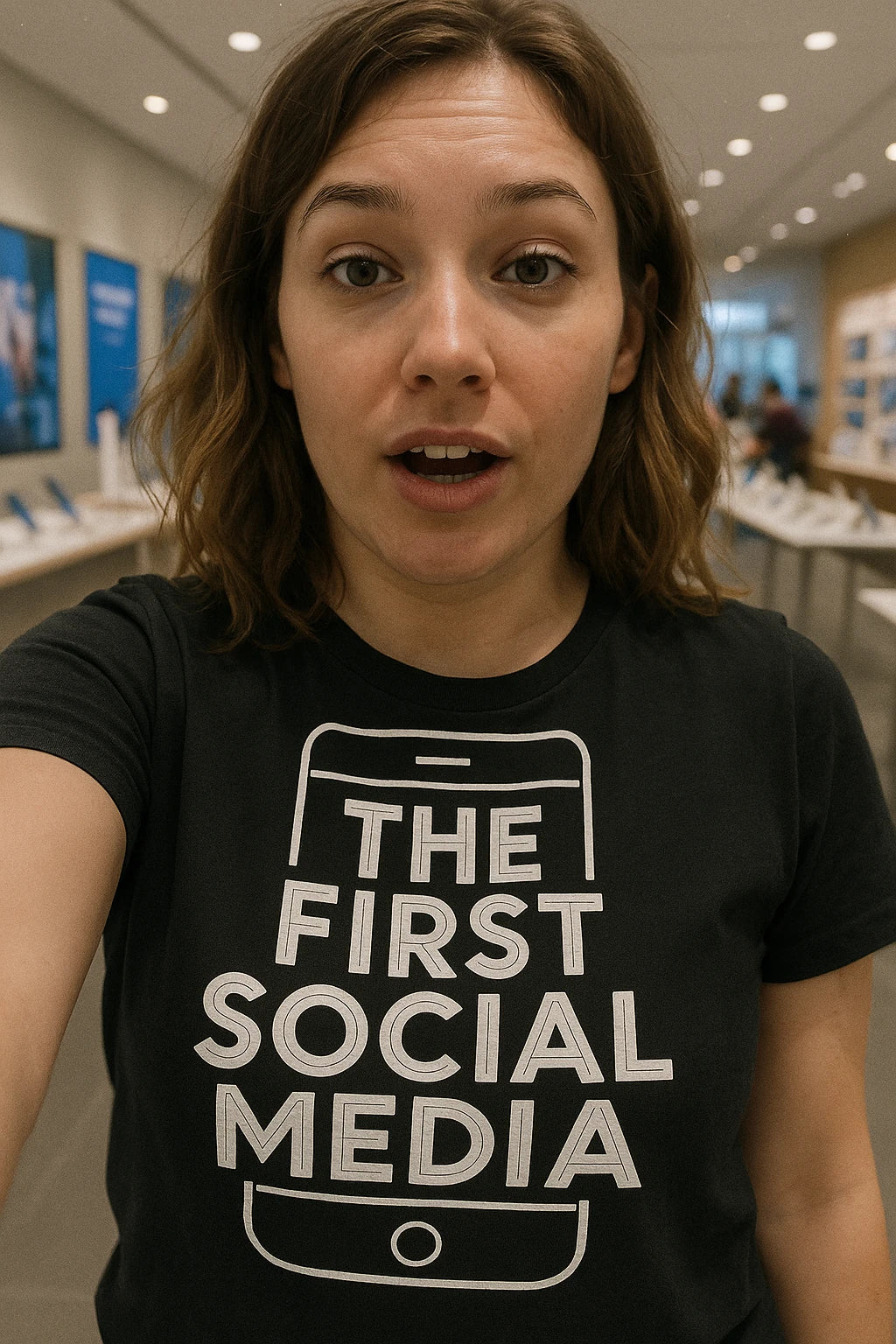 "The First Social Media" black smartphone t shirt, photographed as smartphone lover gift