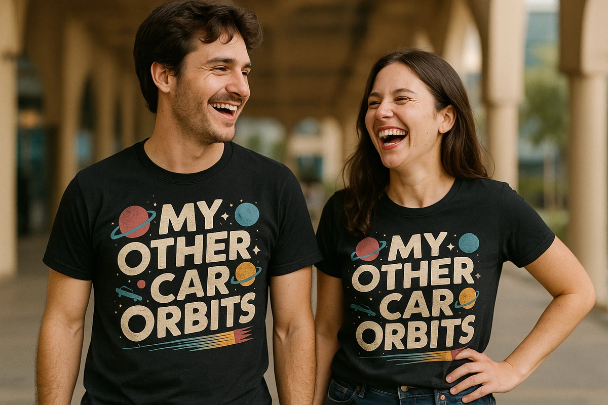 Person wearing the black space science shirts graphic tee - "My Other Car Orbits" design