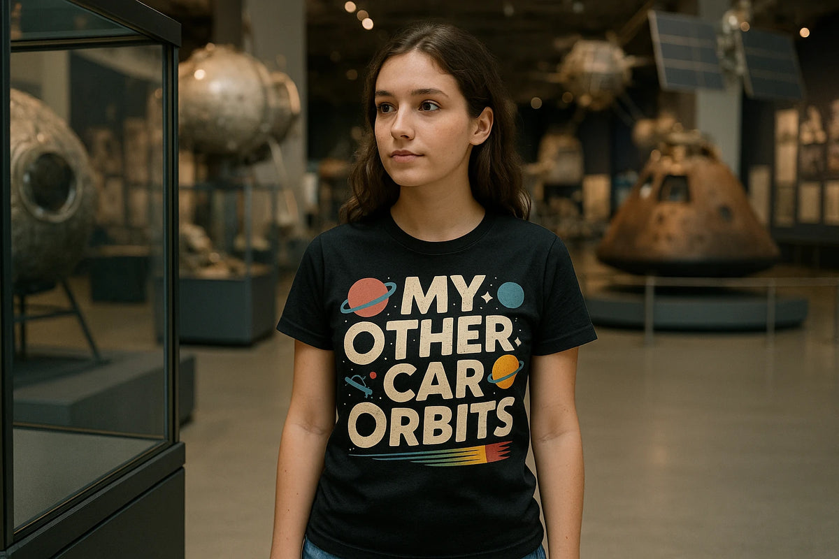 Lifestyle shot of the "My Other Car Orbits" black space science shirts in a real-world setting
