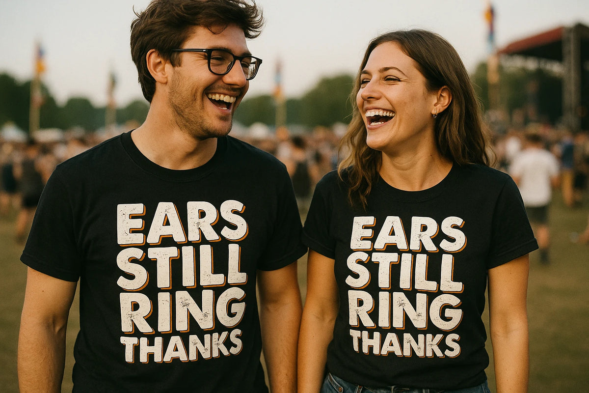 Person wearing the black concert t shirt graphic tee - "Ears Still Ring Thanks" design