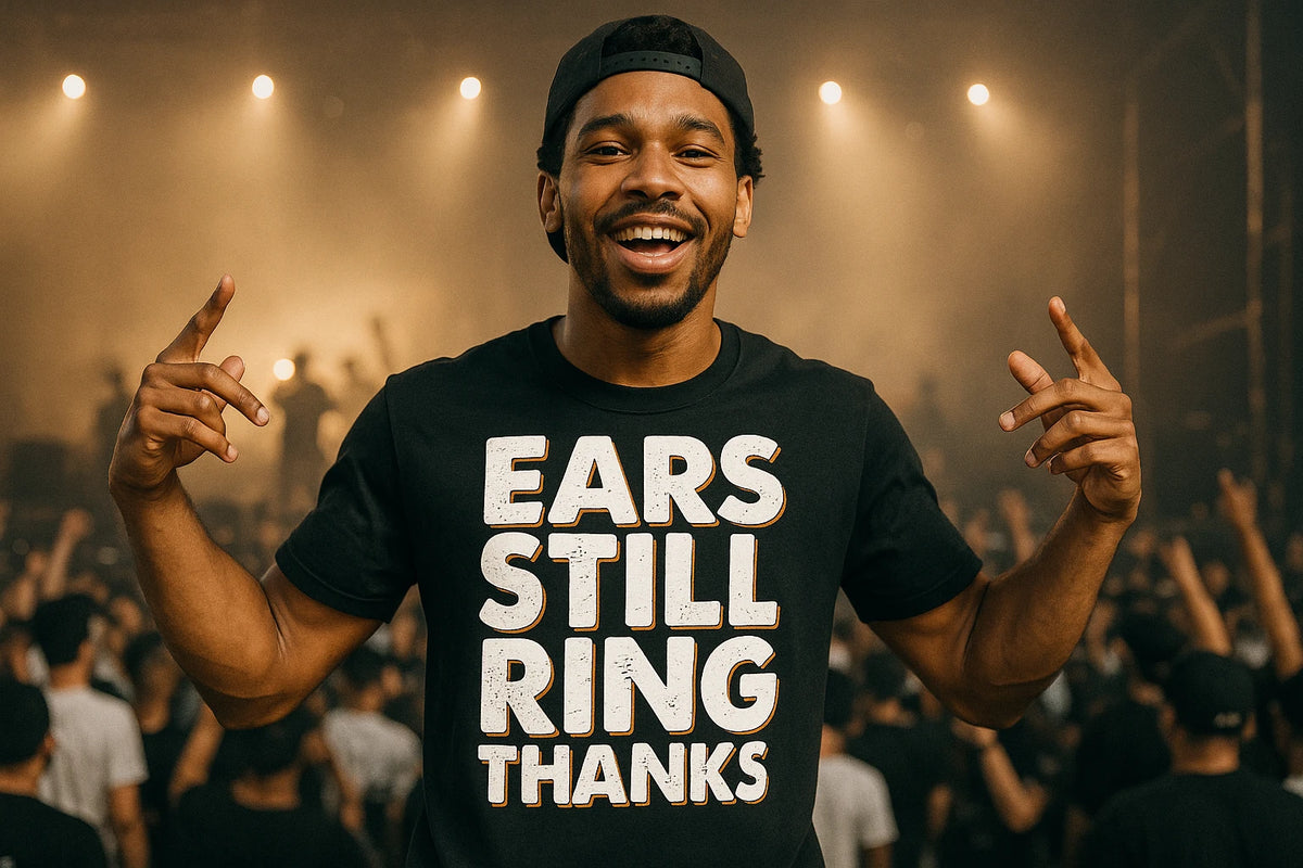 Lifestyle shot of the "Ears Still Ring Thanks" black concert t shirt in a real-world setting