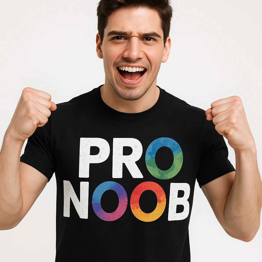 Close-up of the "Pro Noob" white print on a premium Bella+Canvas black esports t shirt maker