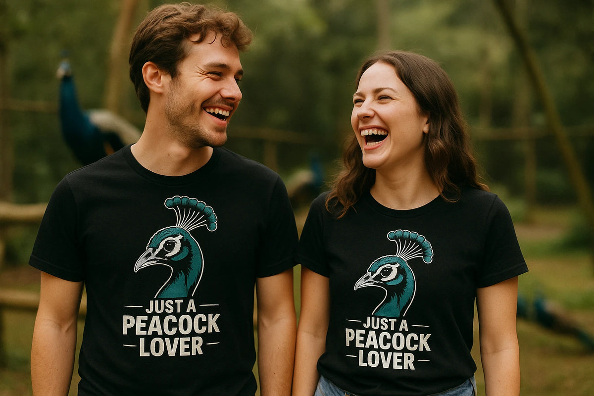 Person wearing the black peacocks shirts graphic tee - "Just a Peacock Lover" design