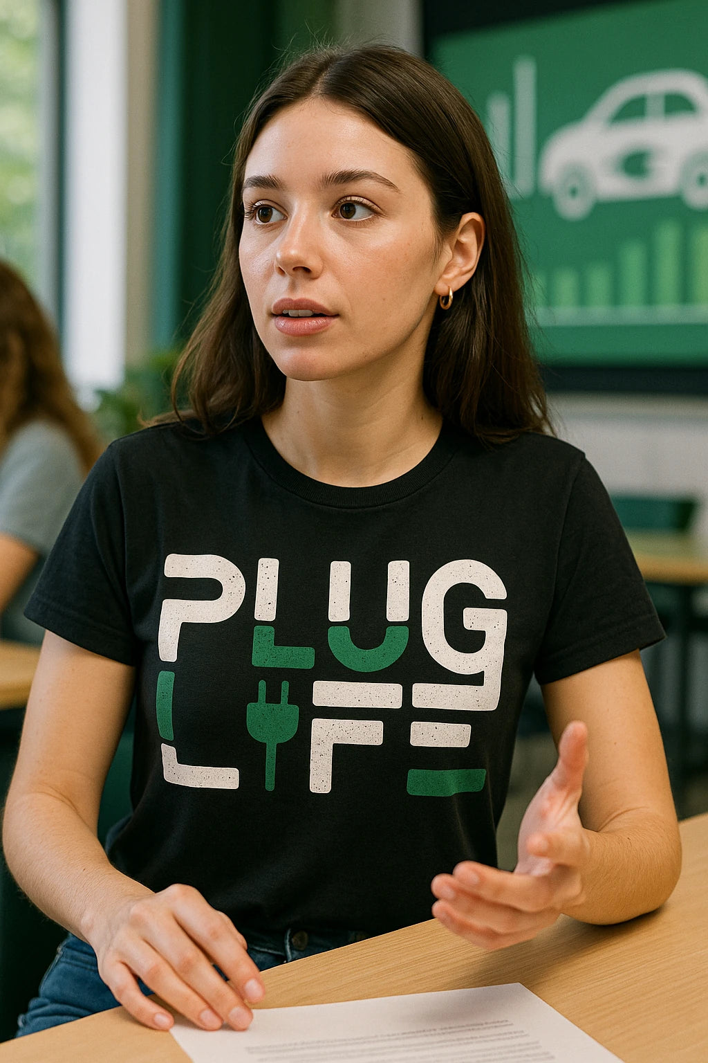 "Plug Life" black electric car t shirt, photographed as gifts for electric car lovers