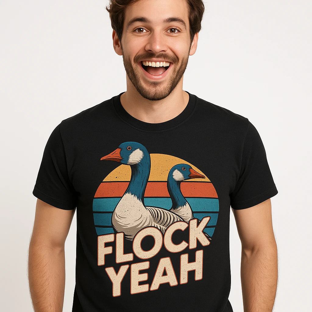 Close-up of the "Flock Yeah" gray print on a premium Bella+Canvas black geese t shirt