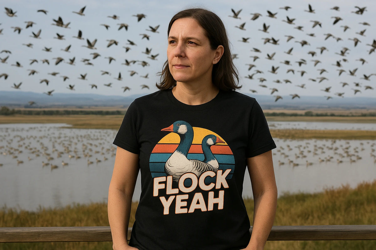 Lifestyle shot of the "Flock Yeah" black geese t shirt in a real-world setting