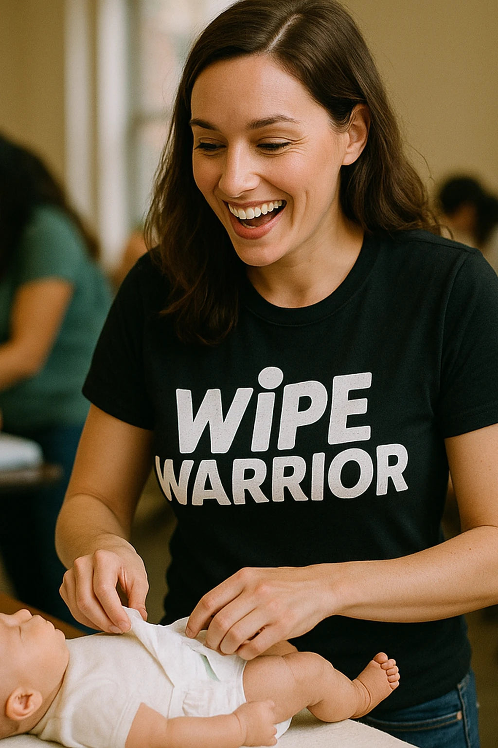 "Wipe Warrior" black diaper duty t shirt, photographed as diaper duty lover gift
