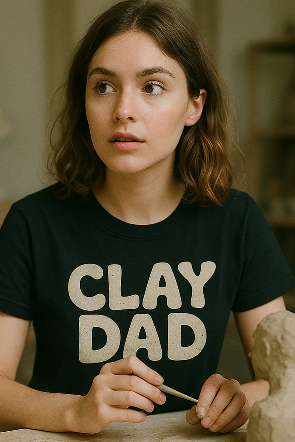 "Clay Dad" black sculpting t shirt, photographed as sculpting lover gift