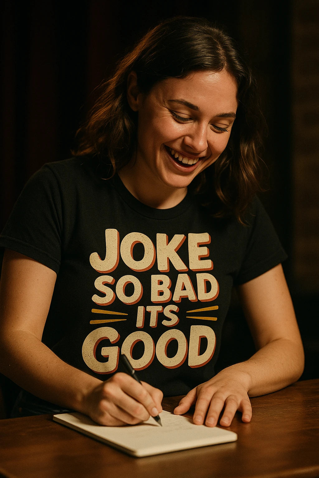 "Joke So Bad Its Good" black comedy t shirt, photographed as gifts for comedy lovers