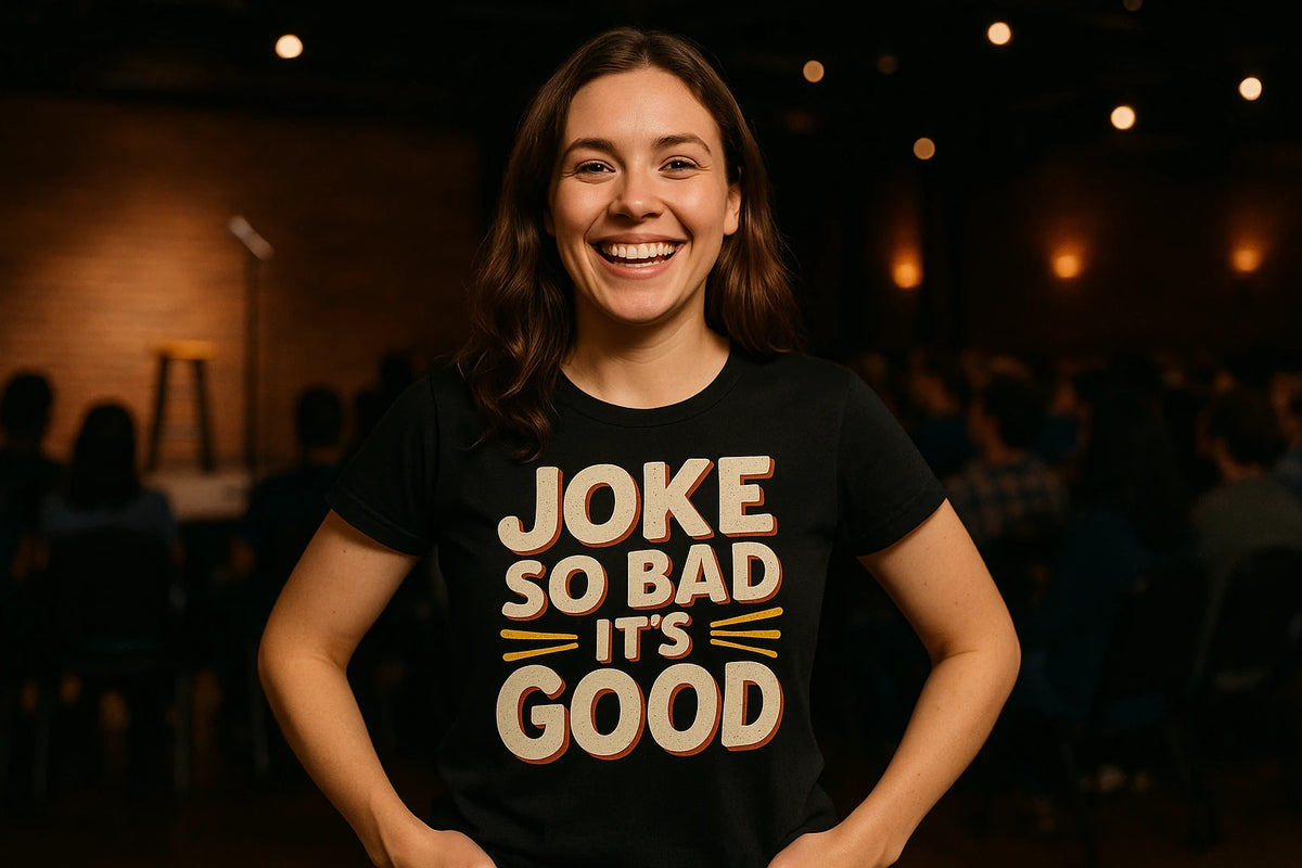 Lifestyle shot of the "Joke So Bad Its Good" black comedy t shirt in a real-world setting
