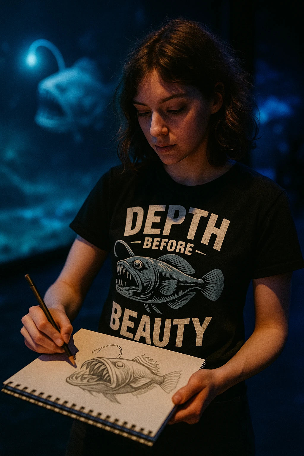 "Depth Before Beauty" black anglerfish t shirt - a birthday gift for anglerfish lover