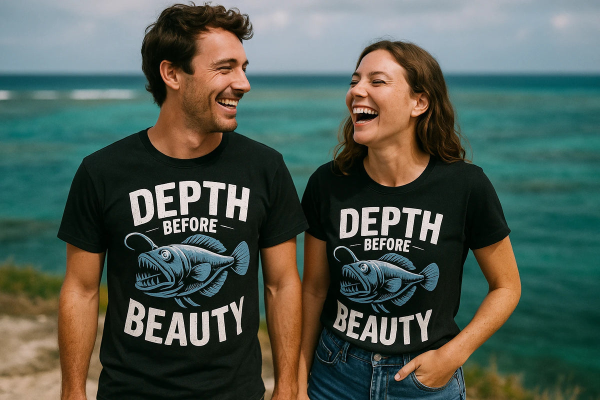 Person wearing the black anglerfish t shirt graphic tee - "Depth Before Beauty" design