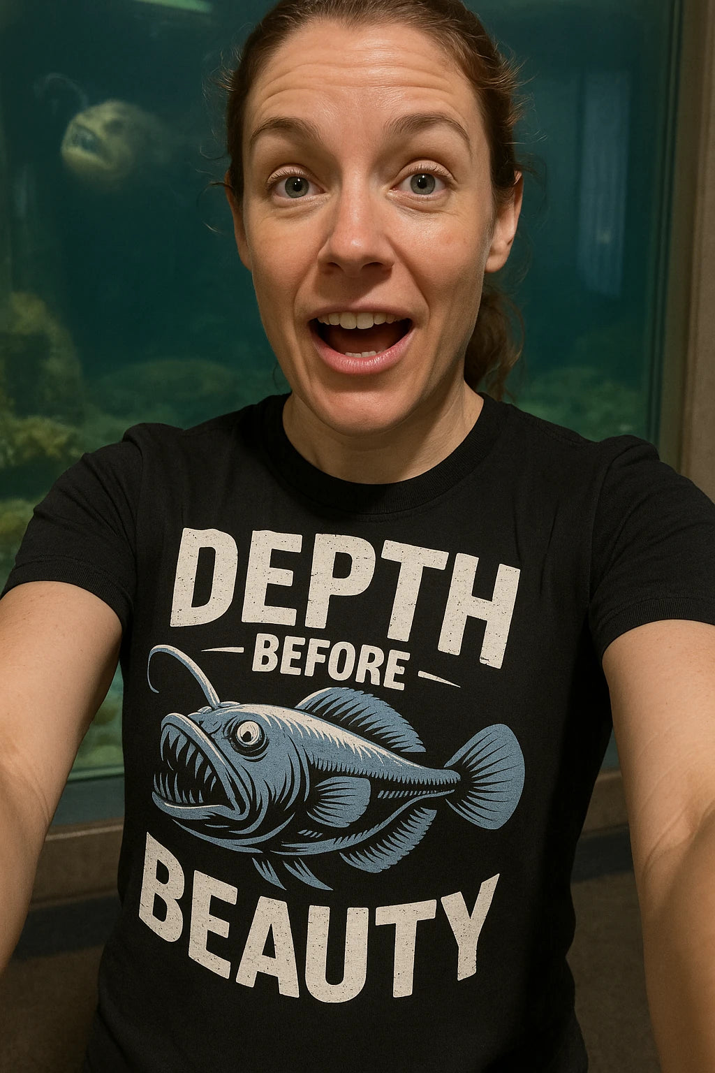 "Depth Before Beauty" black anglerfish t shirt, photographed as anglerfish lover gift