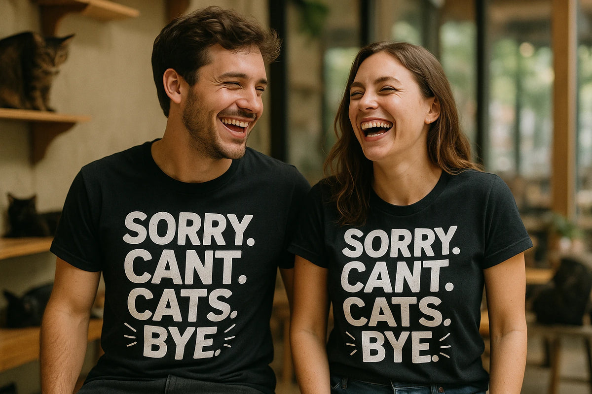 Person wearing the black tee shirts for cat lovers graphic tee - "Sorry. Cant. Cats. Bye." design