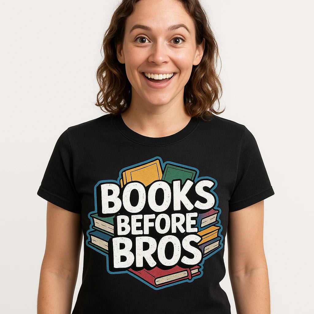 Close-up of the "Books Before Bros" white print on a premium Bella+Canvas black studying t shirt