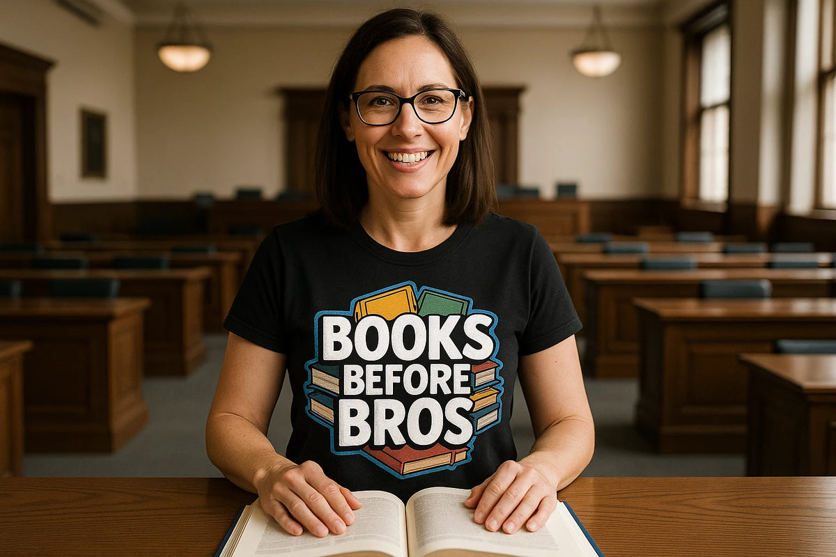 Lifestyle shot of the "Books Before Bros" black studying t shirt in a real-world setting