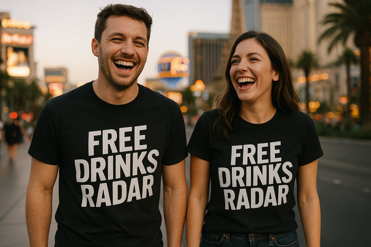 Person wearing the black las vegas t shirt graphic tee - "Free Drinks Radar" design