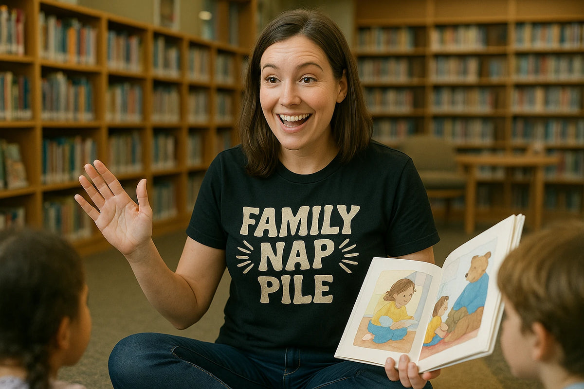 Lifestyle shot of the "Family Nap Pile" black family life t shirt in a real-world setting