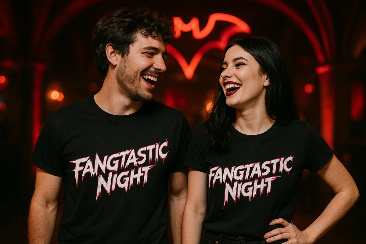 Person wearing the black fearless vampire killers t shirt graphic tee - "Fangtastic Night" design