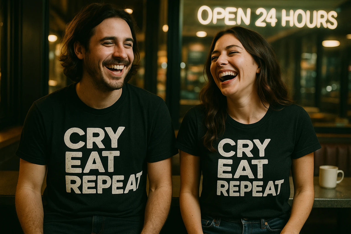 Person wearing the black sleep deprived t shirt graphic tee - "Cry Eat Repeat" design