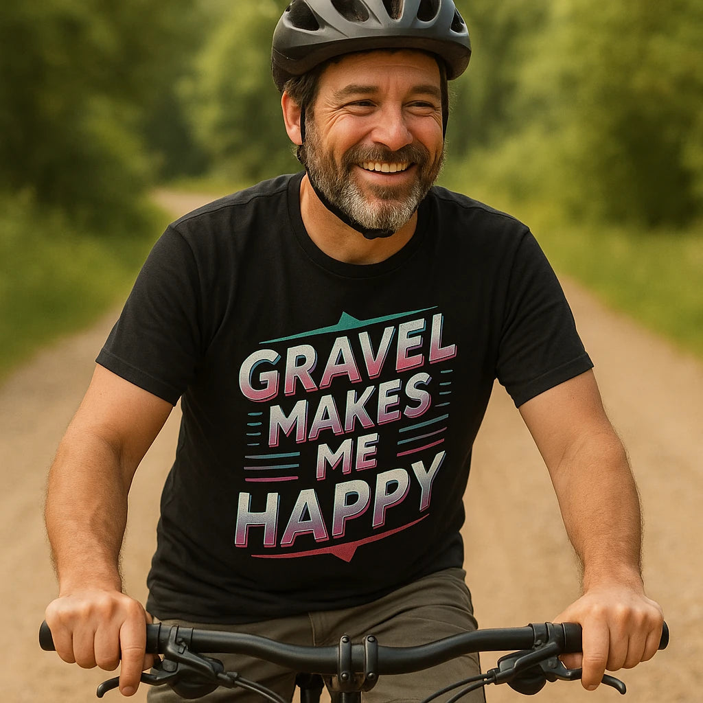"Gravel Makes Me Happy" black bike shirts, photographed as gifts for biking lovers