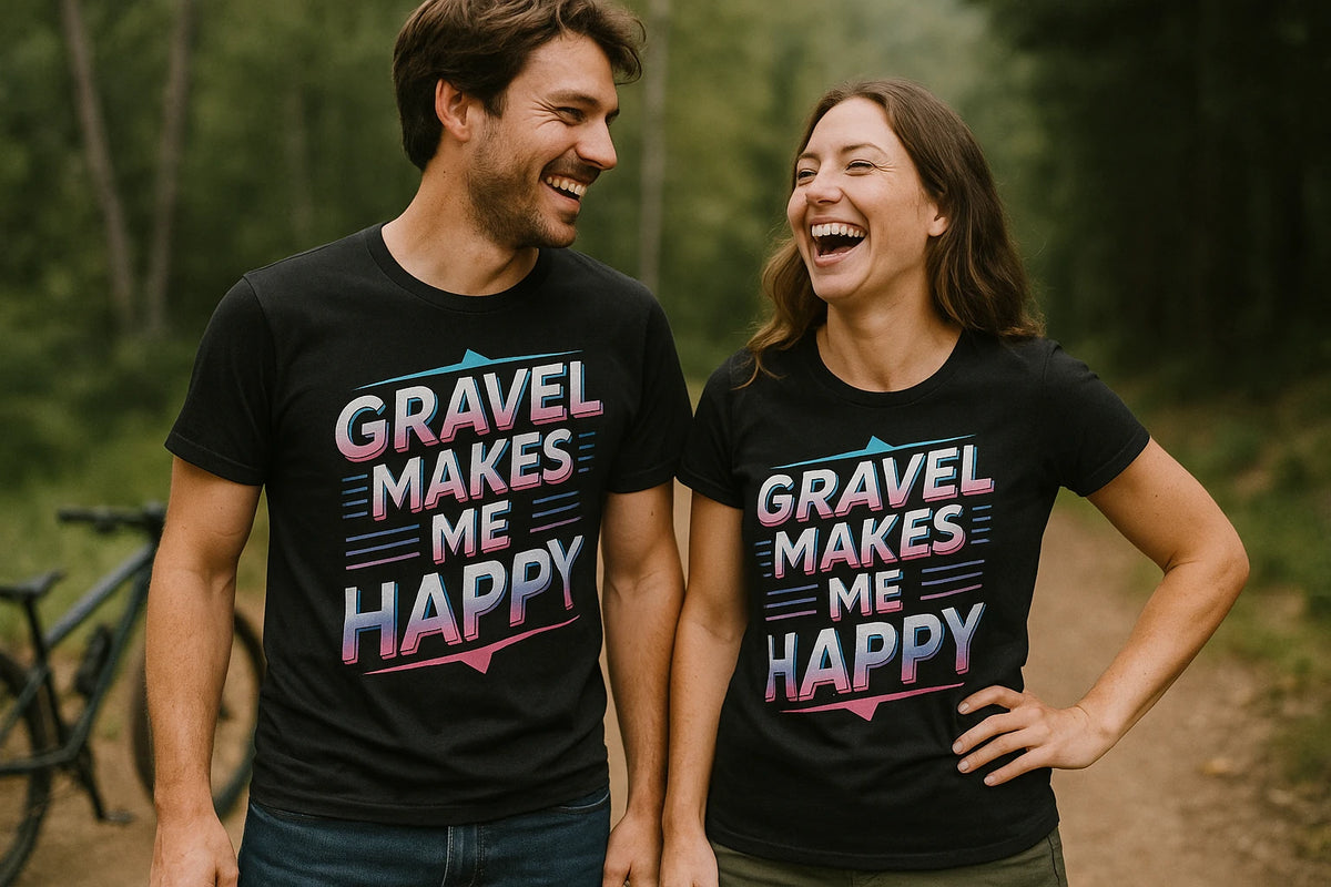 Person wearing the black bike shirts graphic tee - "Gravel Makes Me Happy" design
