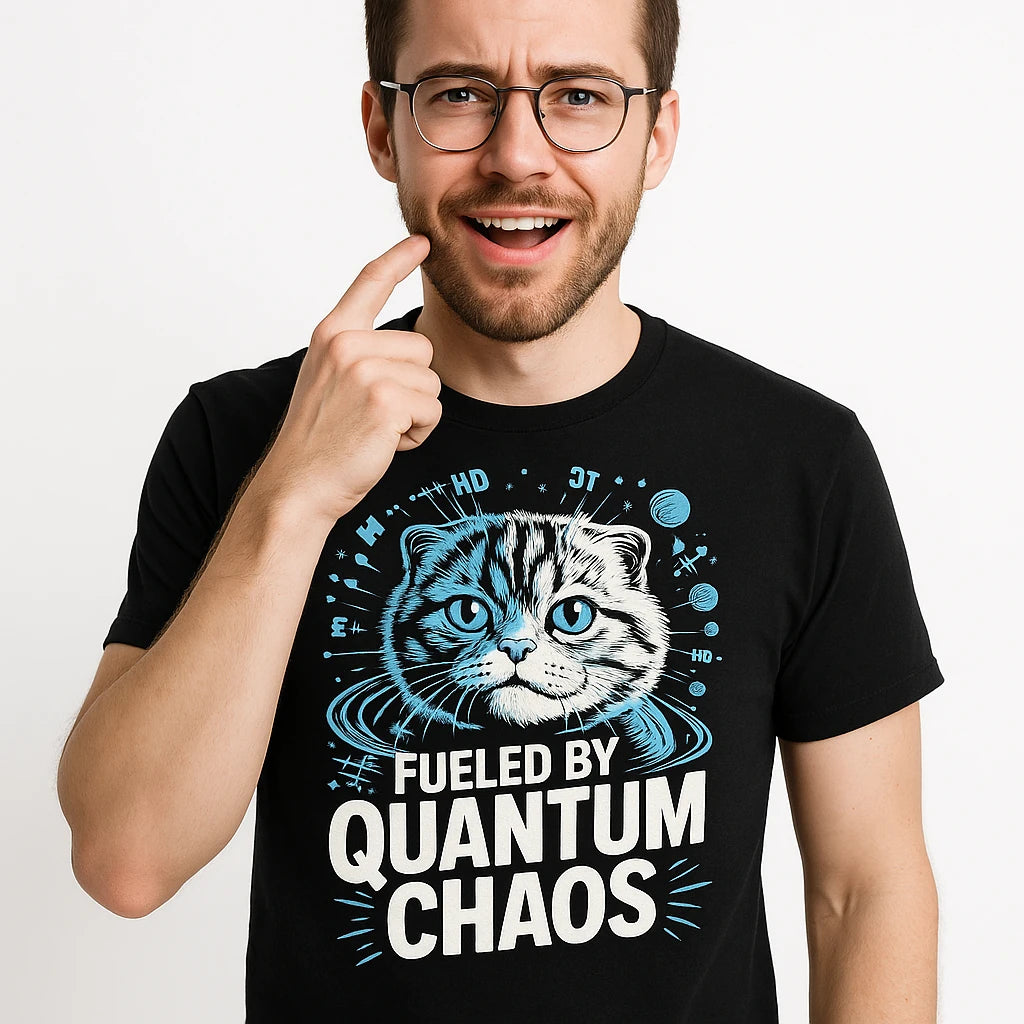 Close-up of the "Fueled By Quantum Chaos" white print on a premium Bella+Canvas black quantum mechanics t shirt