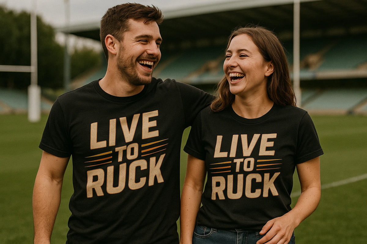 Person wearing the black rugby shirts graphic tee - "Live To Ruck" design