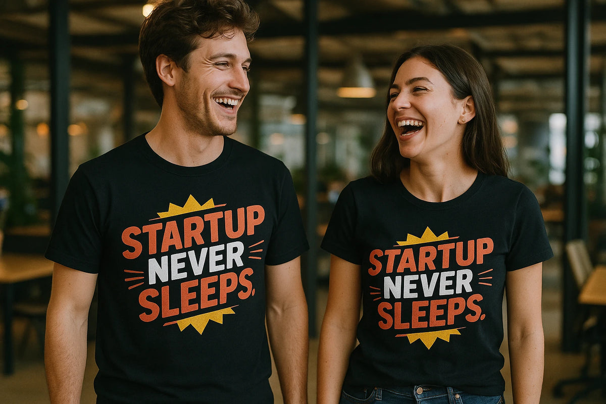 Person wearing the black entrepreneurs t shirt graphic tee - "Startup Never Sleeps" design