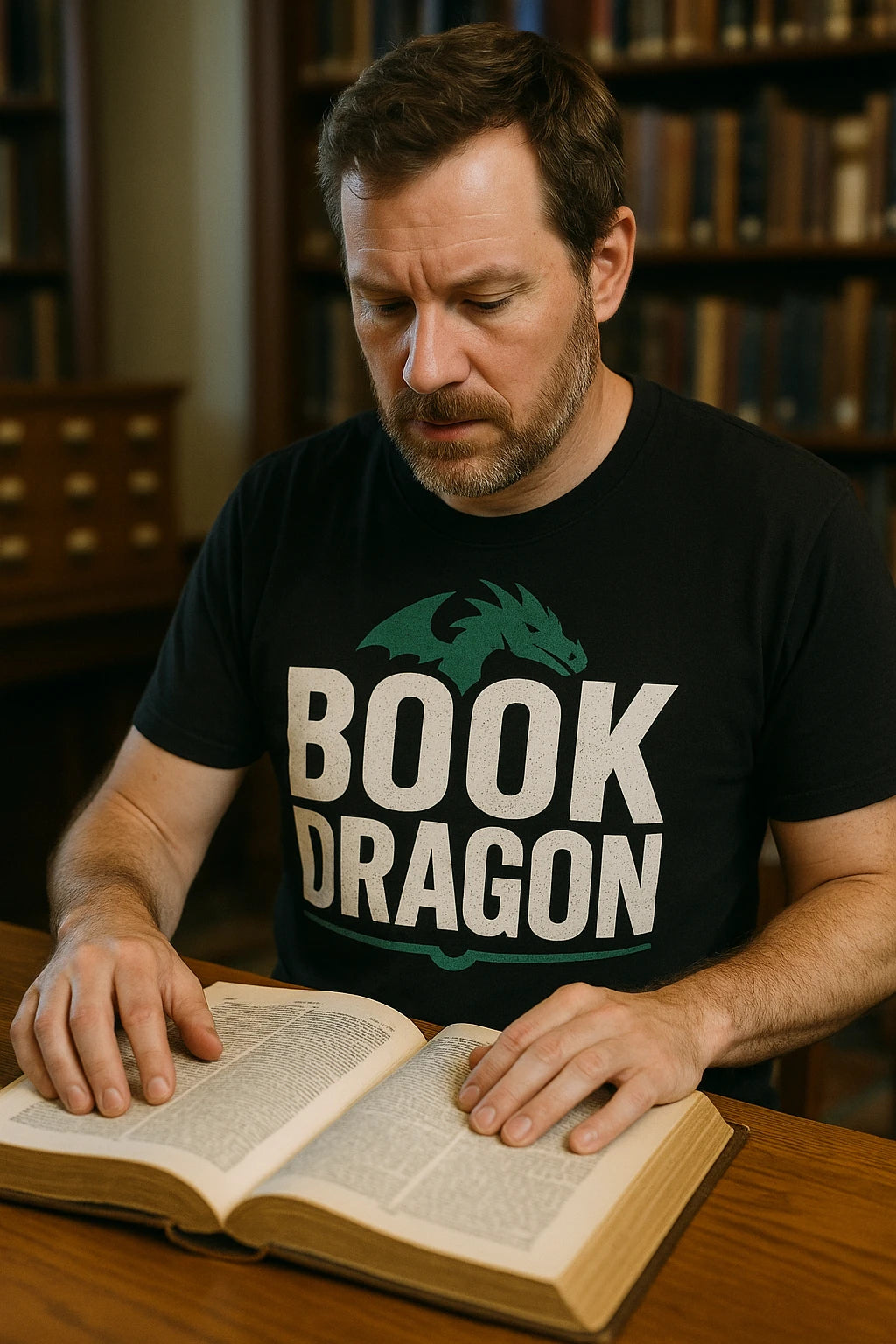 "Book Dragon" black reading t shirt - also one of the presents for a reader