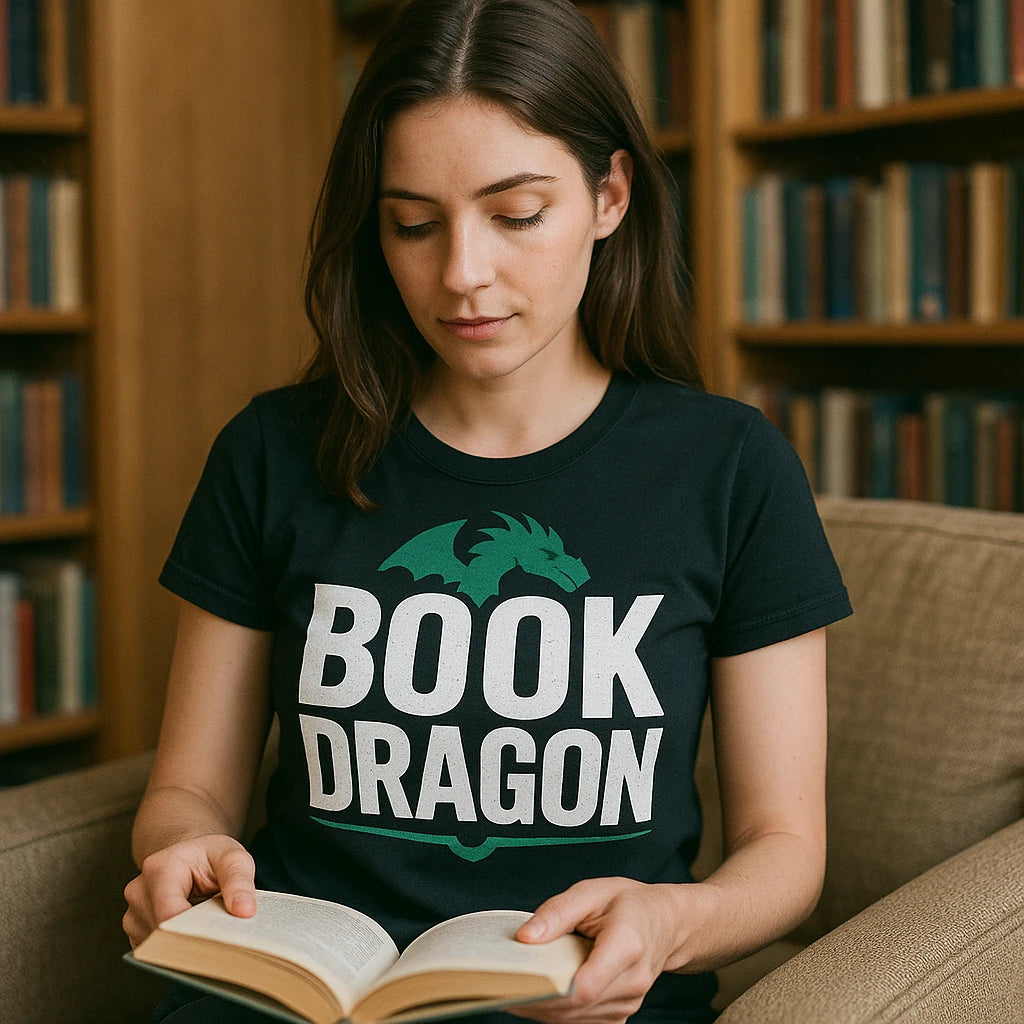 "Book Dragon" black reading t shirt - also one of the gifts for people who like to read