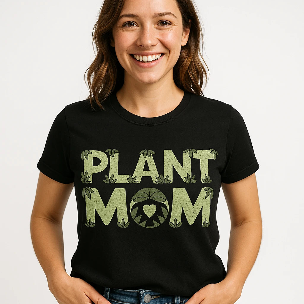 Close-up of the "Plant Mom" tan print on a premium Bella+Canvas black rainforest alliance t shirt