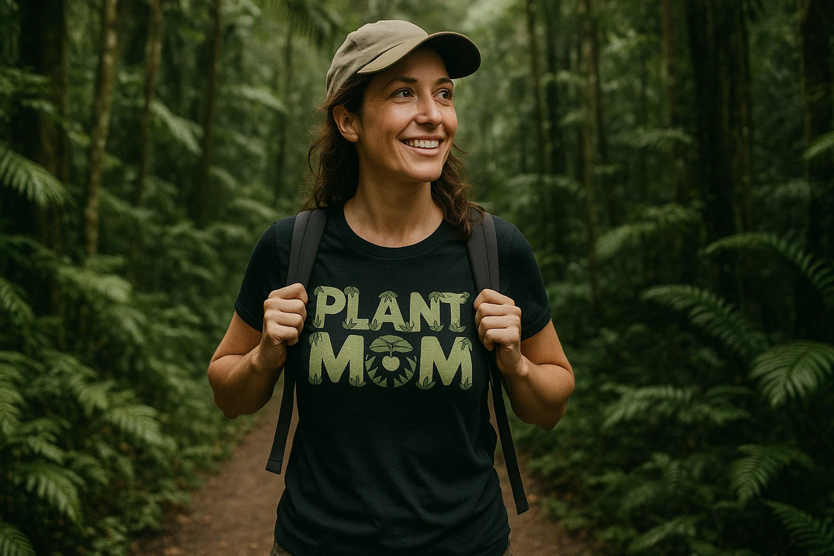 Lifestyle shot of the "Plant Mom" black rainforest alliance t shirt in a real-world setting