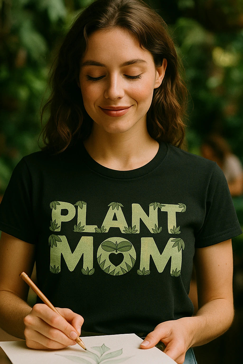 "Plant Mom" black rainforest alliance t shirt, photographed as rainforest lover gift