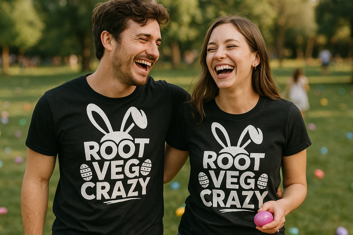 Person wearing the black mens easter shirts graphic tee - "Root Veg Crazy" design