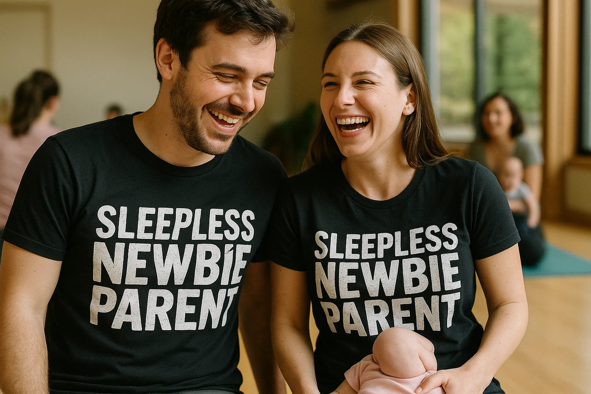 Person wearing the black new parents matching shirts graphic tee - "Sleepless Newbie Parent" design