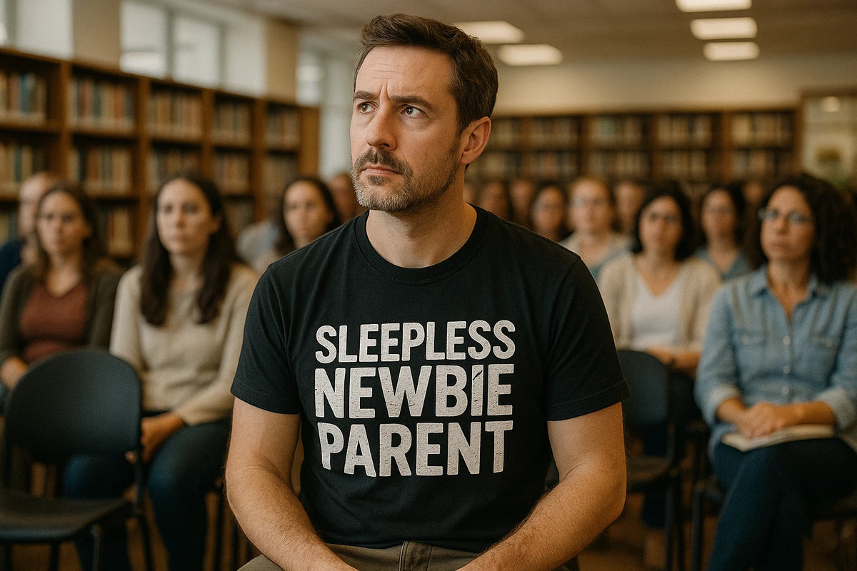 Lifestyle shot of the "Sleepless Newbie Parent" black new parents matching shirts in a real-world setting